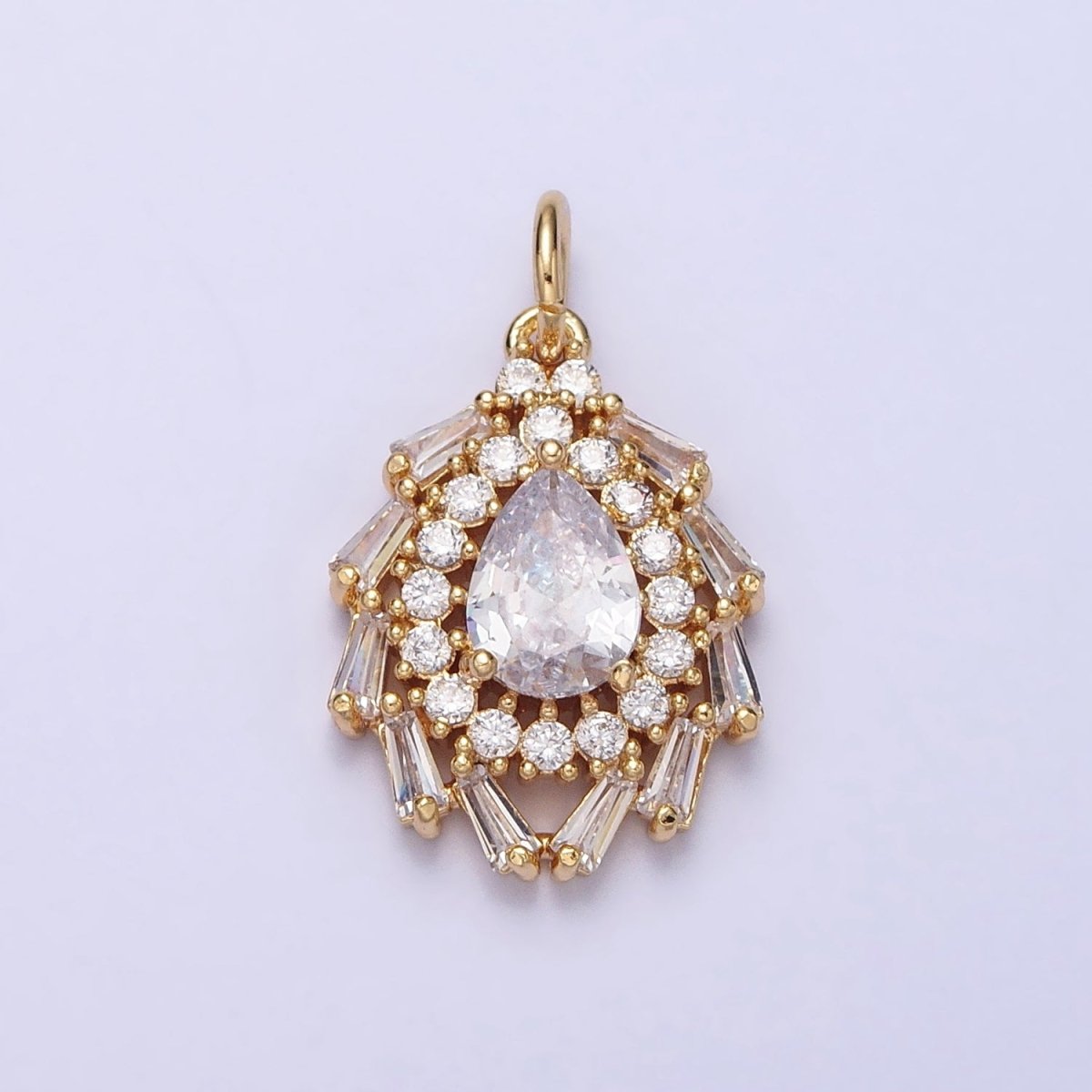 Gold, Silver Clear Teardrop CZ Round Baguette Lined Charm | AC496 AC497