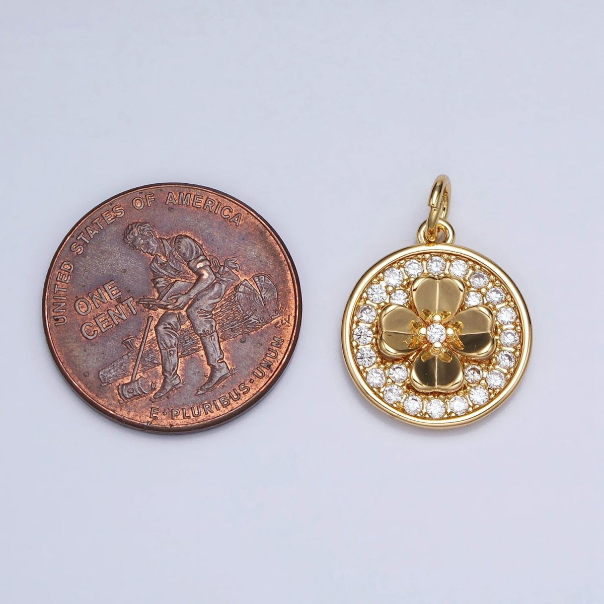 Gold, Silver Clover Quatrefoil Micro Paved CZ Round Coin Charm | AC607 AC608