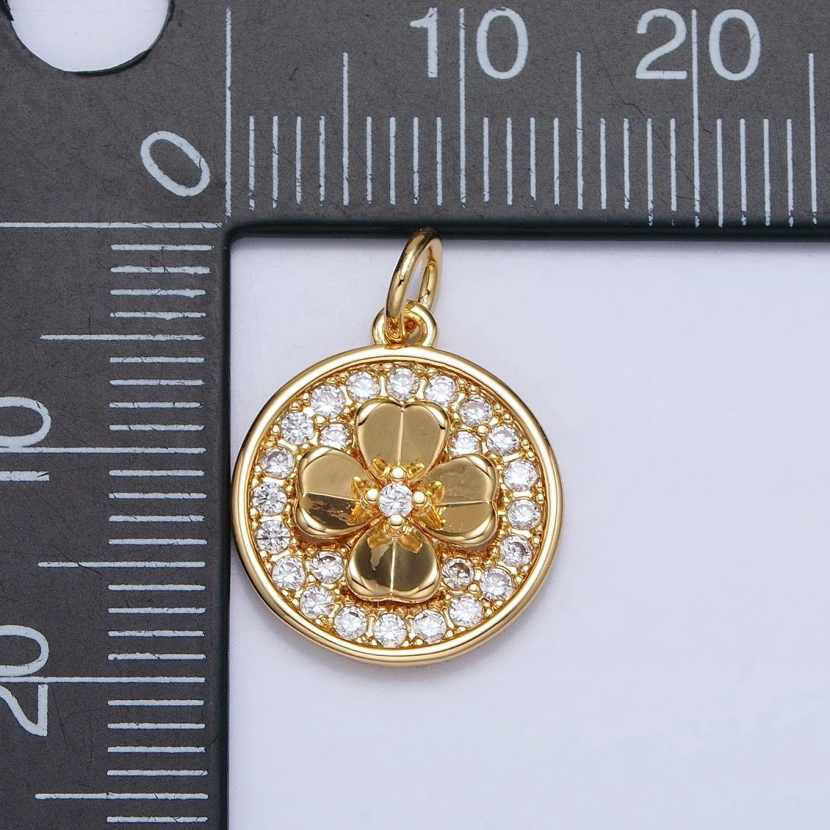 Gold, Silver Clover Quatrefoil Micro Paved CZ Round Coin Charm | AC607 AC608