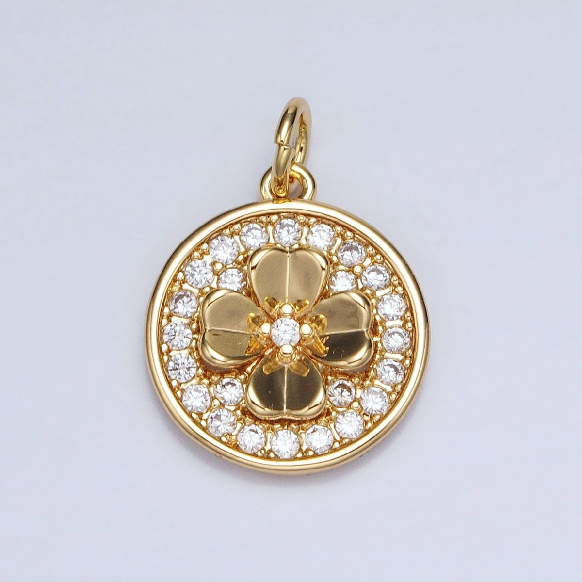 Gold, Silver Clover Quatrefoil Micro Paved CZ Round Coin Charm | AC607 AC608