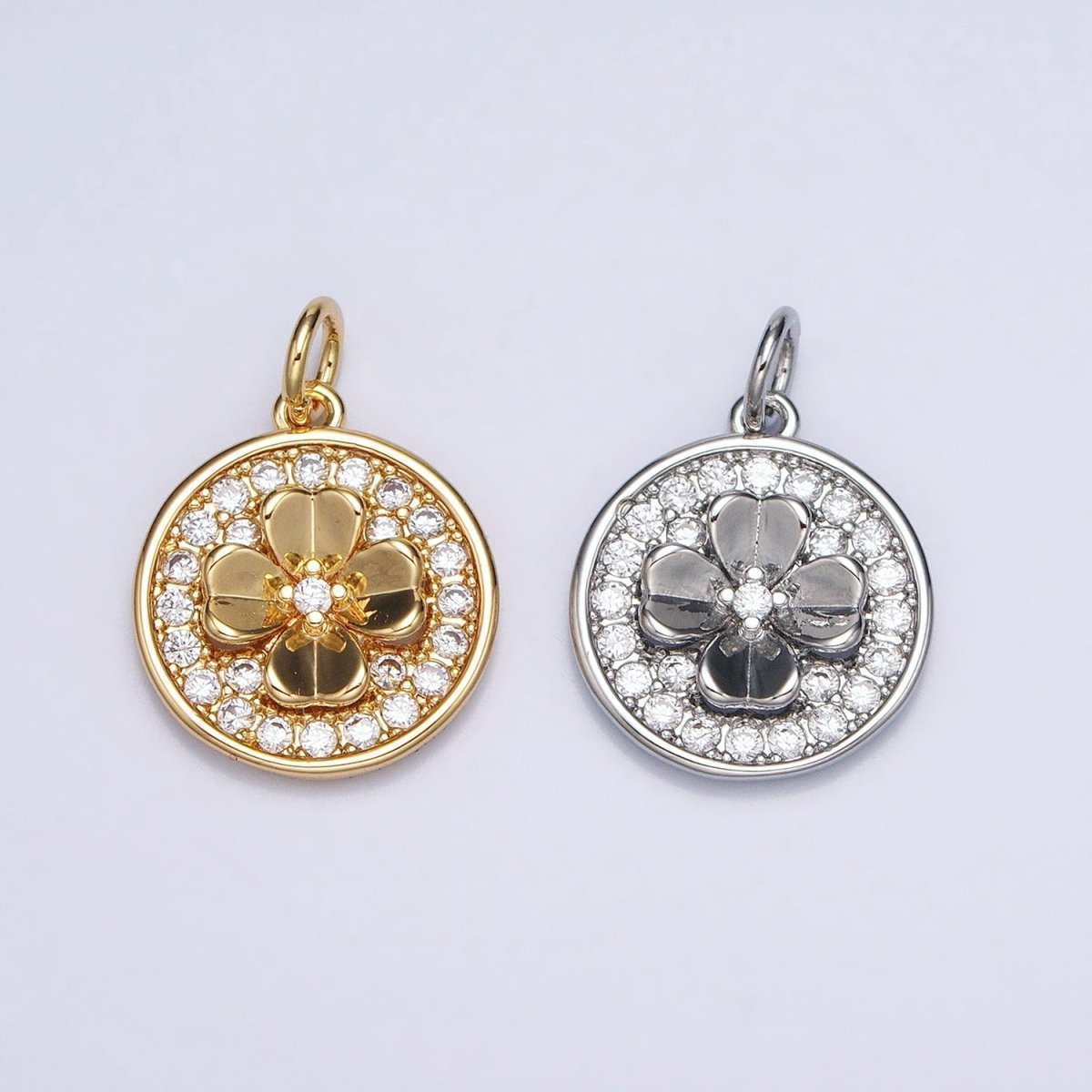 Gold, Silver Clover Quatrefoil Micro Paved CZ Round Coin Charm | AC607 AC608