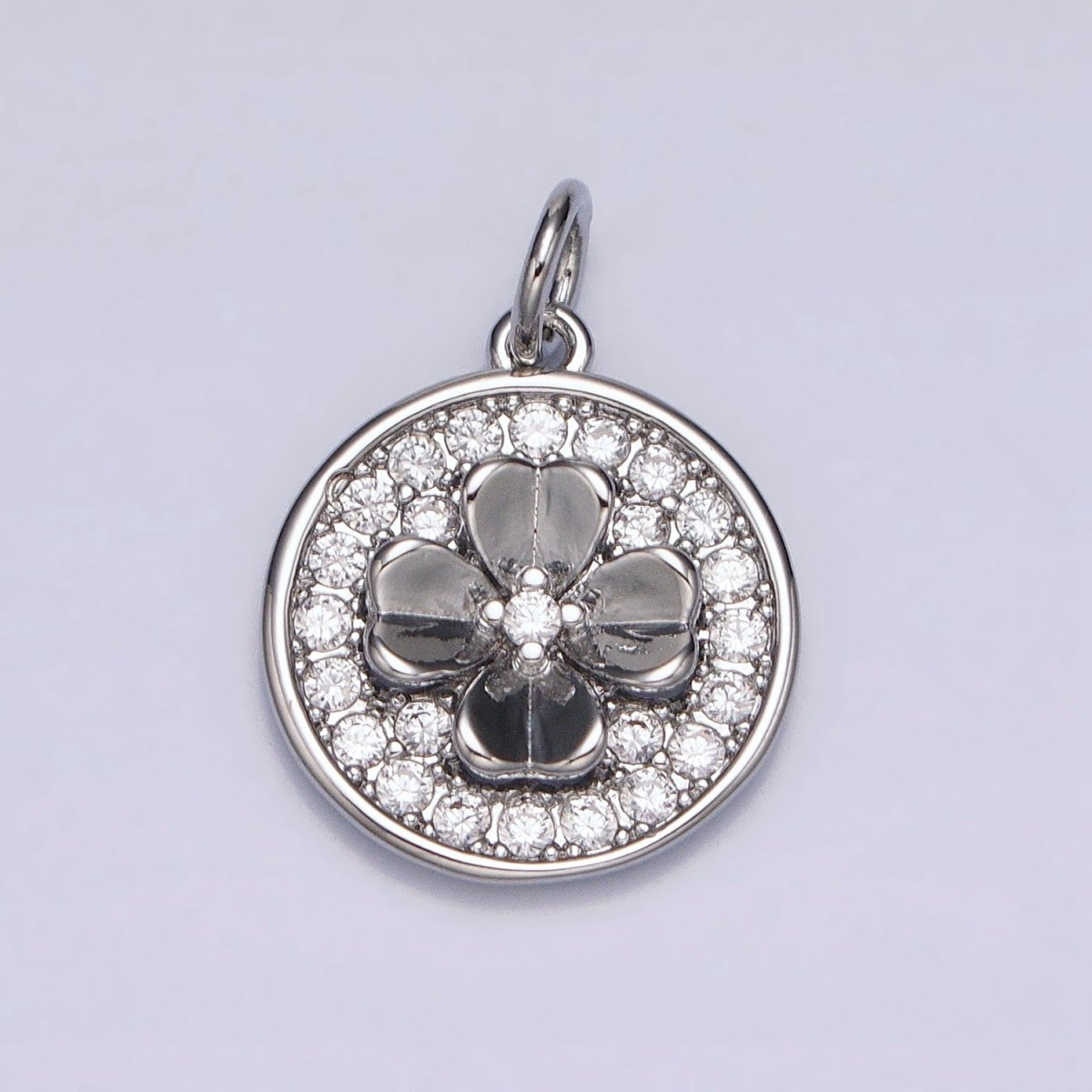 Gold, Silver Clover Quatrefoil Micro Paved CZ Round Coin Charm | AC607 AC608