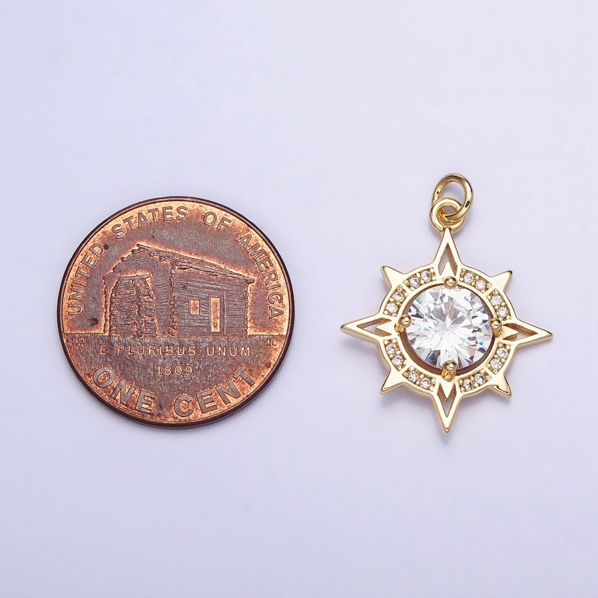Gold, Silver Compass Celestial Sun Round Clear CZ Charm | AC385 AC386