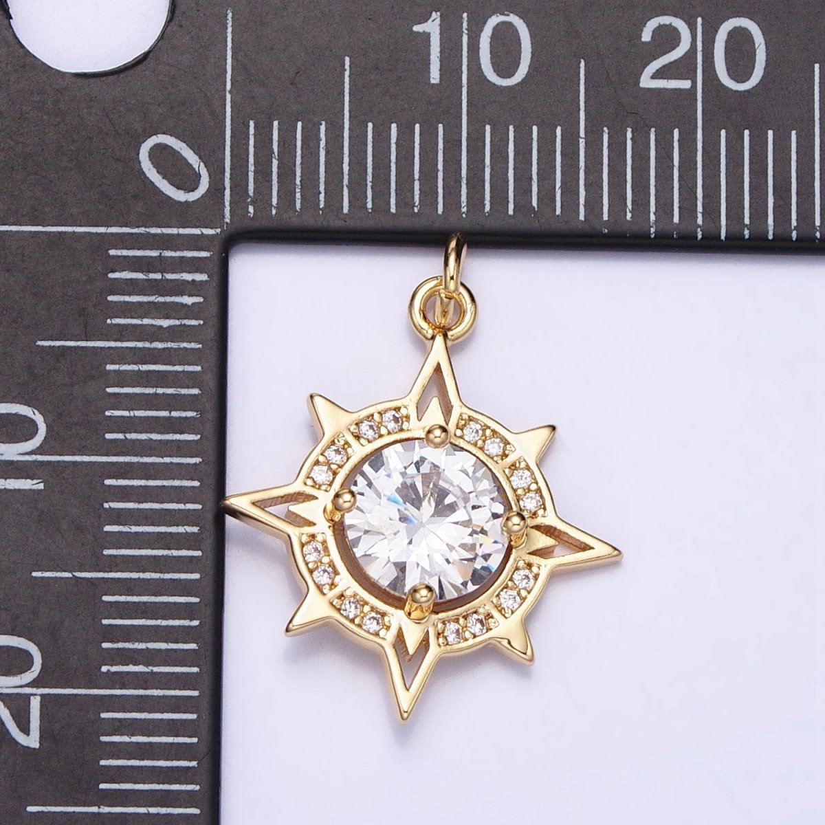 Gold, Silver Compass Celestial Sun Round Clear CZ Charm | AC385 AC386