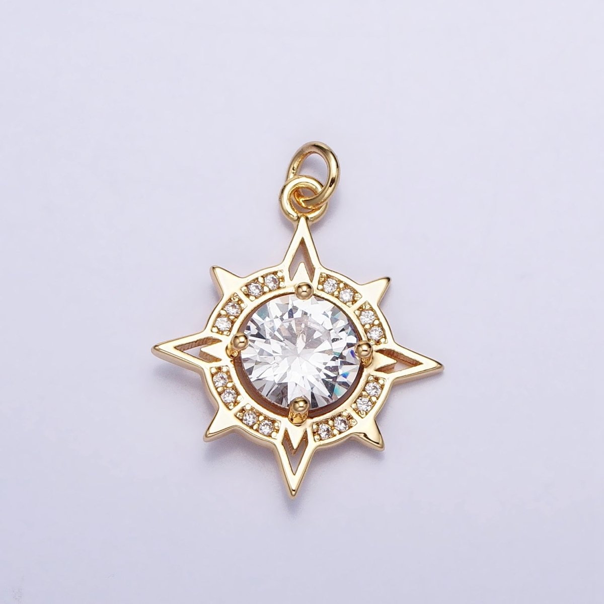 Gold, Silver Compass Celestial Sun Round Clear CZ Charm | AC385 AC386
