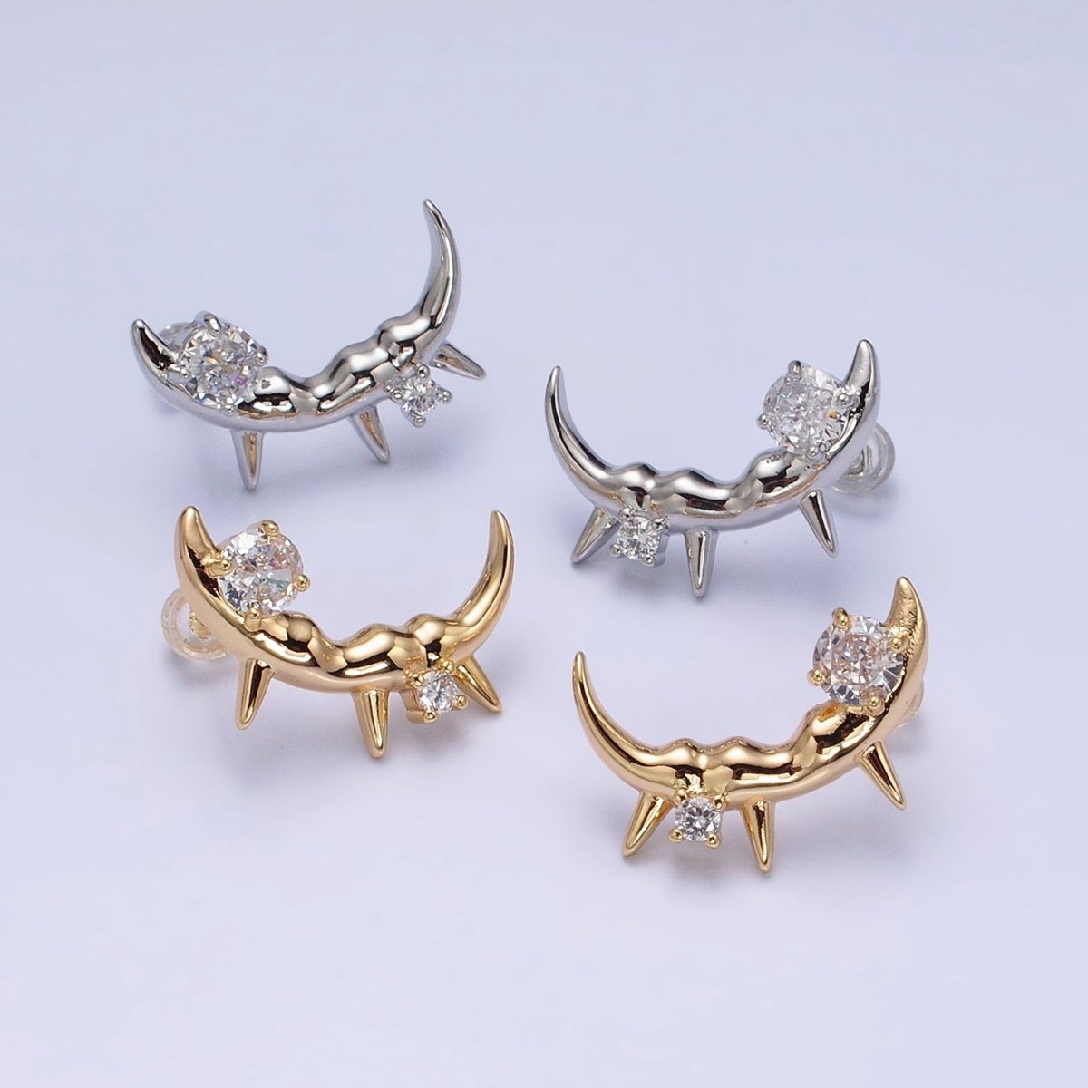 Gold, Silver Curved Clear Round CZ Spiked Molten Drip Stud Earrings | AD889 AD890