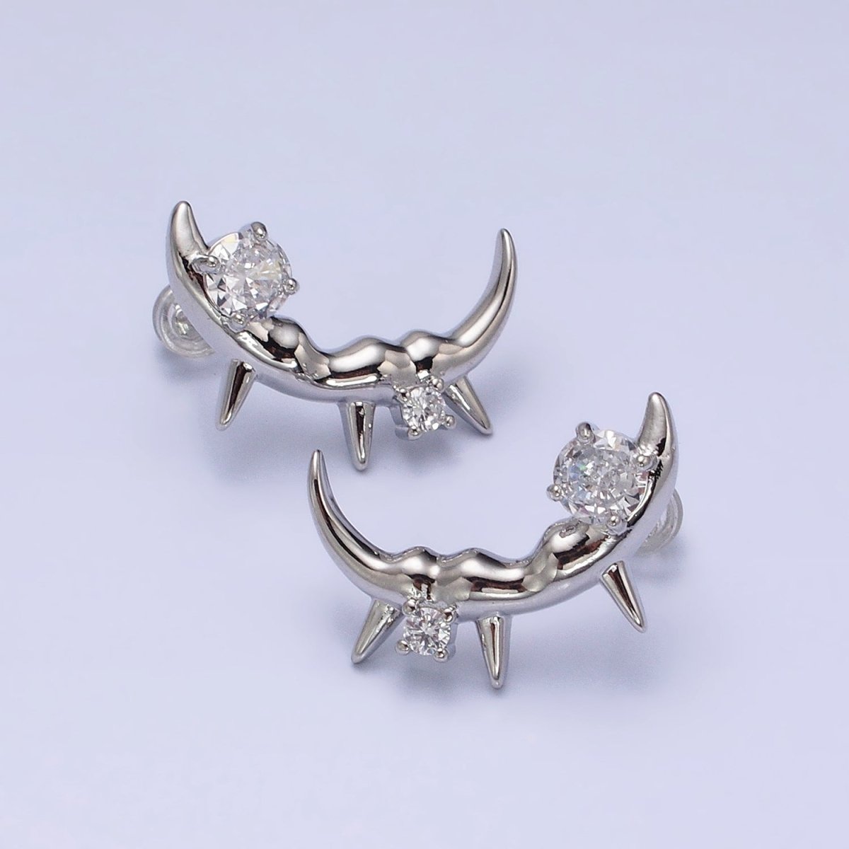 Gold, Silver Curved Clear Round CZ Spiked Molten Drip Stud Earrings | AD889 AD890