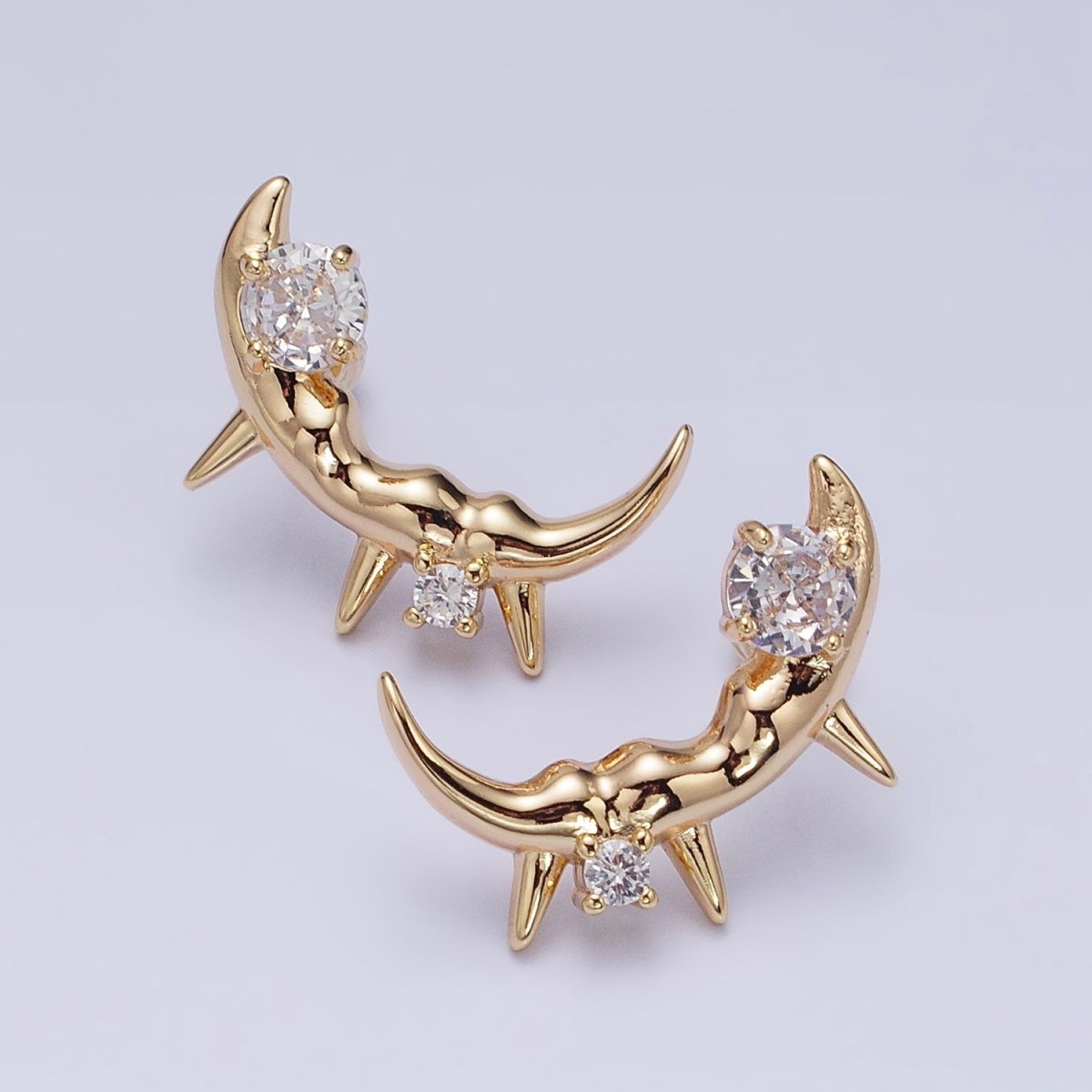 Gold, Silver Curved Clear Round CZ Spiked Molten Drip Stud Earrings | AD889 AD890