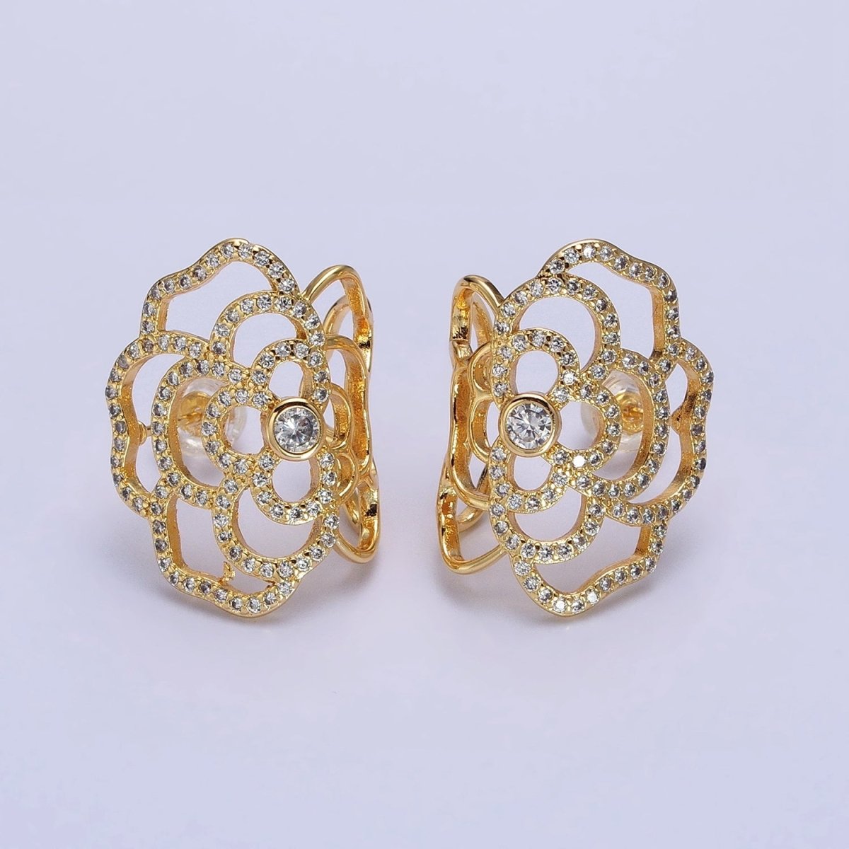 Gold, Silver Curved Rose Flower Nature Micro Paved CZ Stud Earrings | AB594 AB595