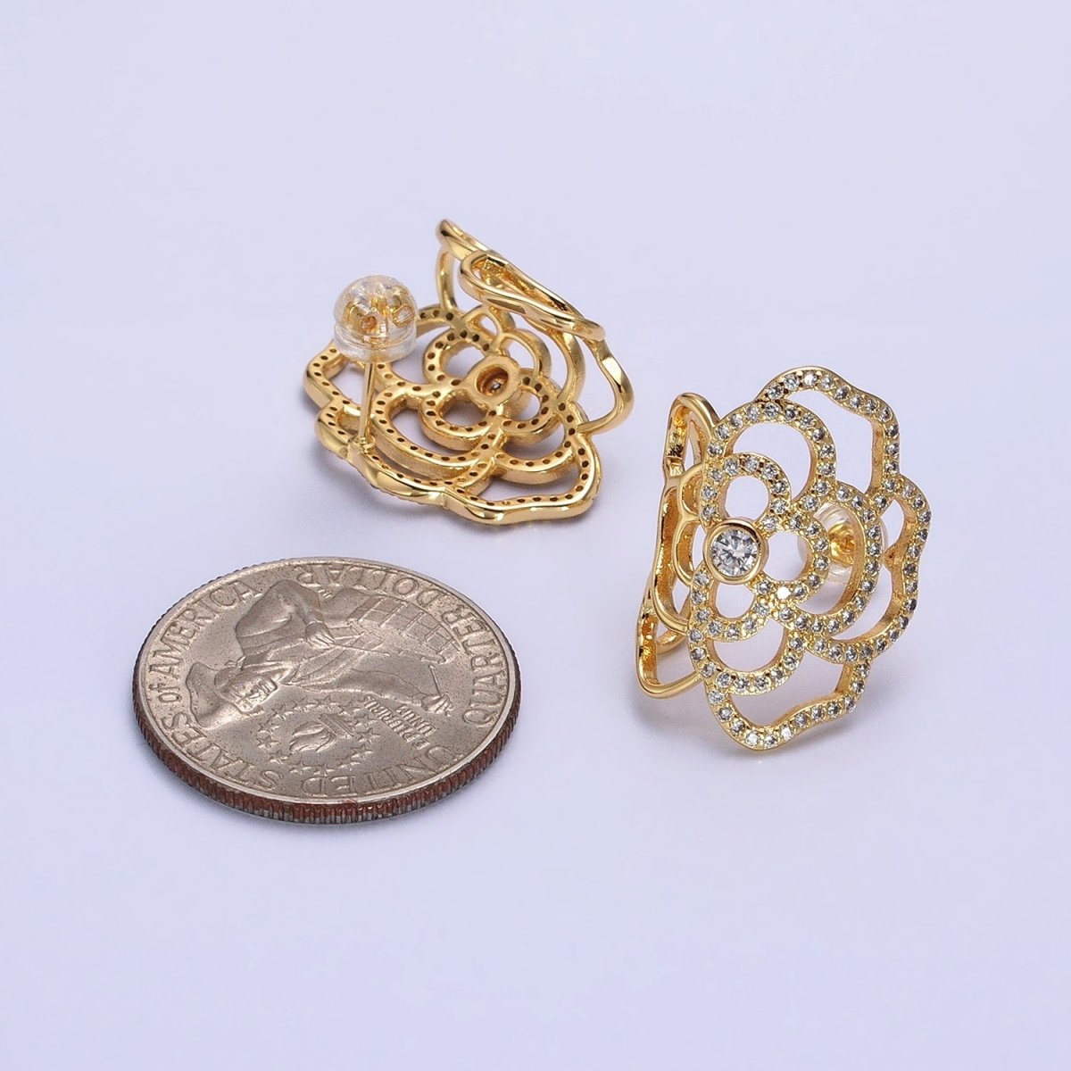 Gold, Silver Curved Rose Flower Nature Micro Paved CZ Stud Earrings | AB594 AB595