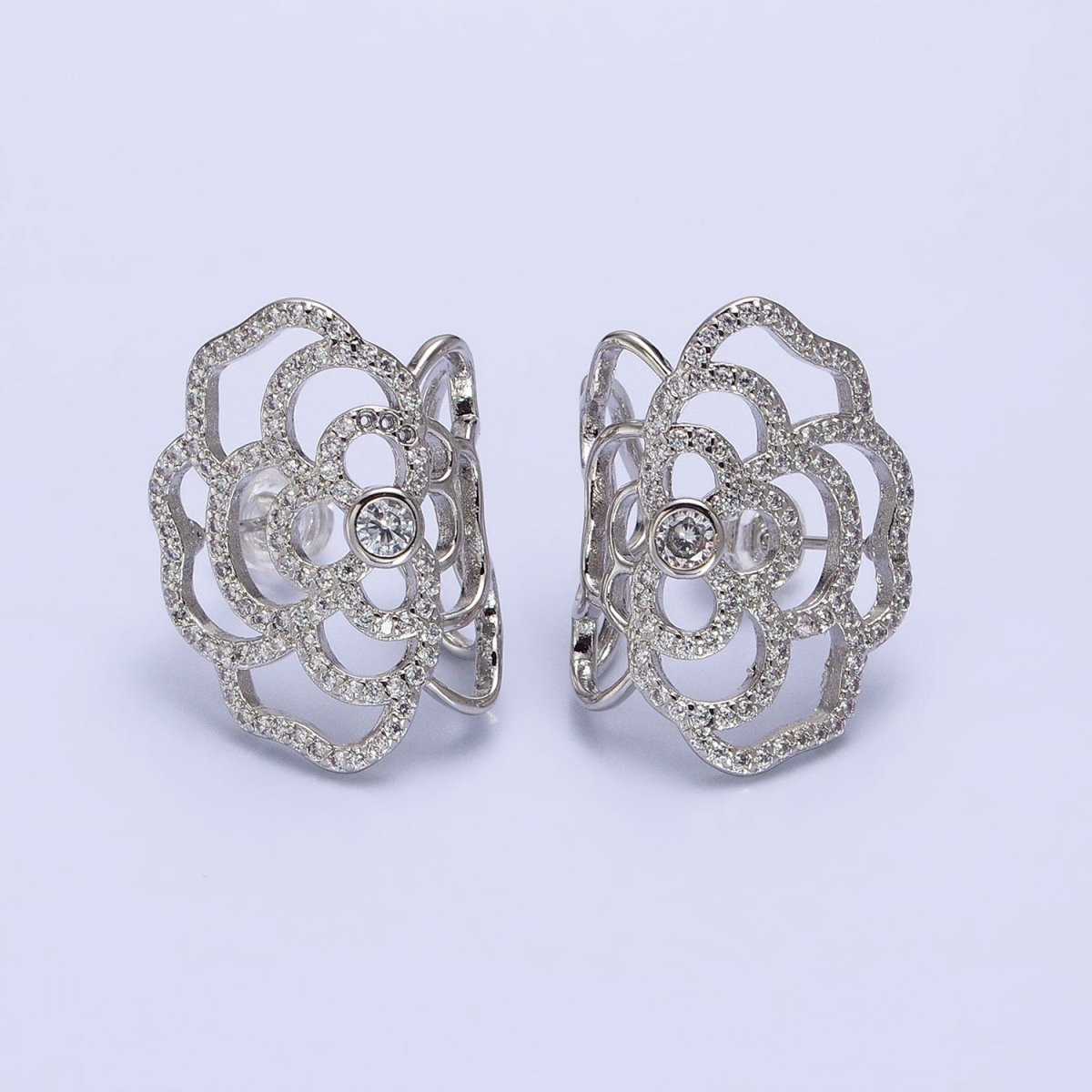 Gold, Silver Curved Rose Flower Nature Micro Paved CZ Stud Earrings | AB594 AB595