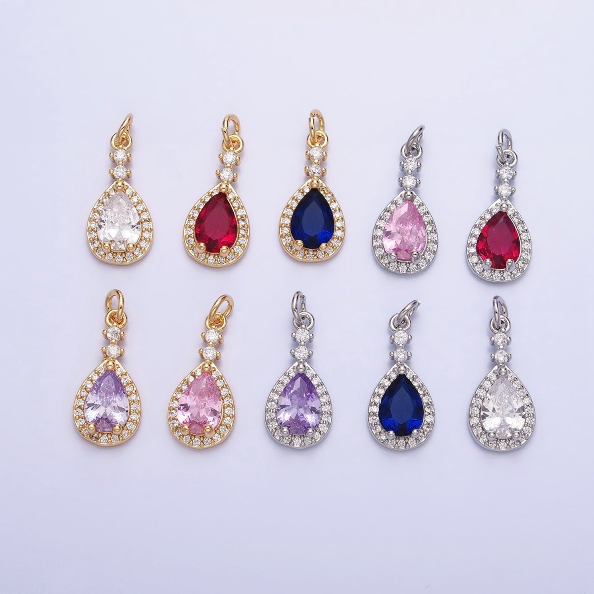 Gold, Silver CZ Clear, Purple, Pink, Red, Blue Teardrop Micro Paved Charm | AC427 - AC431, AC941 - AC945