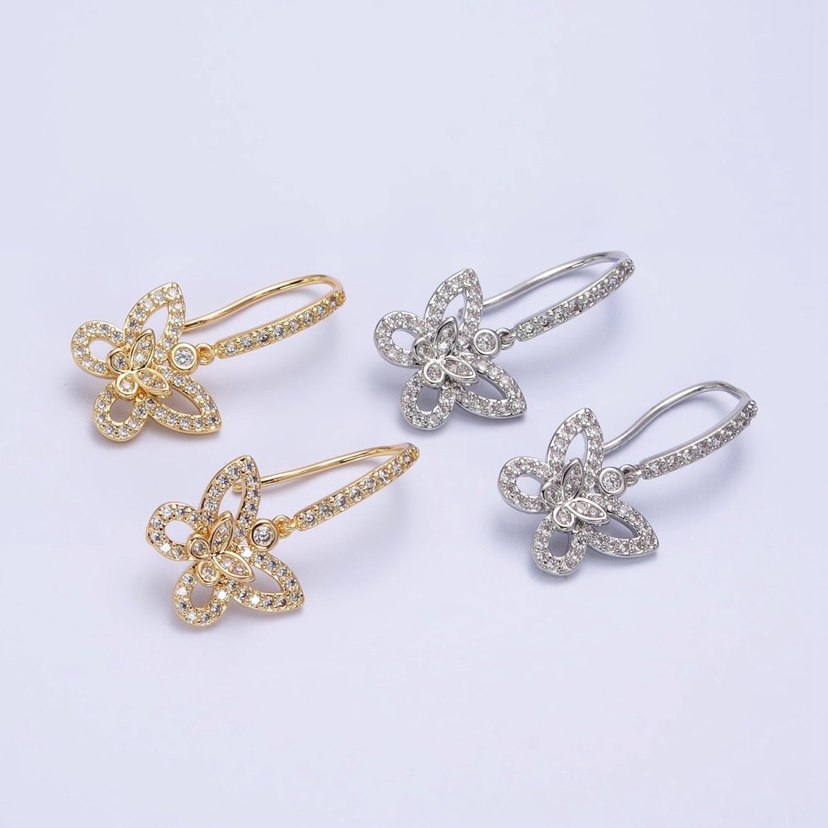 Gold, Silver Double Butterfly Mariposa Clear Micro Paved CZ French Hook Earrings | AB576 AB577