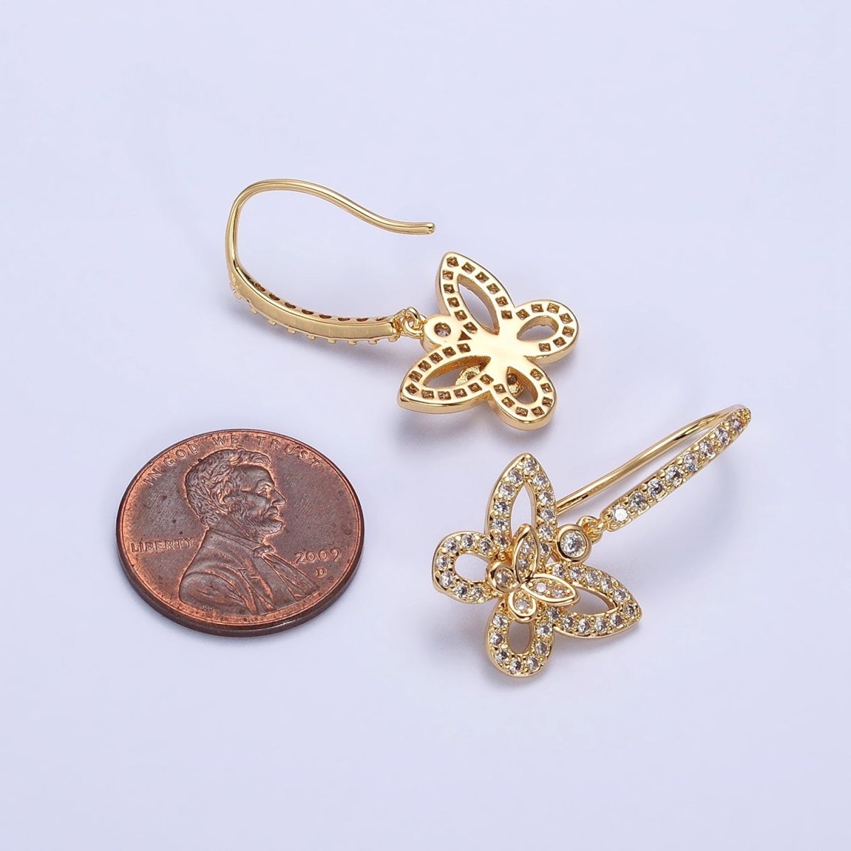 Gold, Silver Double Butterfly Mariposa Clear Micro Paved CZ French Hook Earrings | AB576 AB577