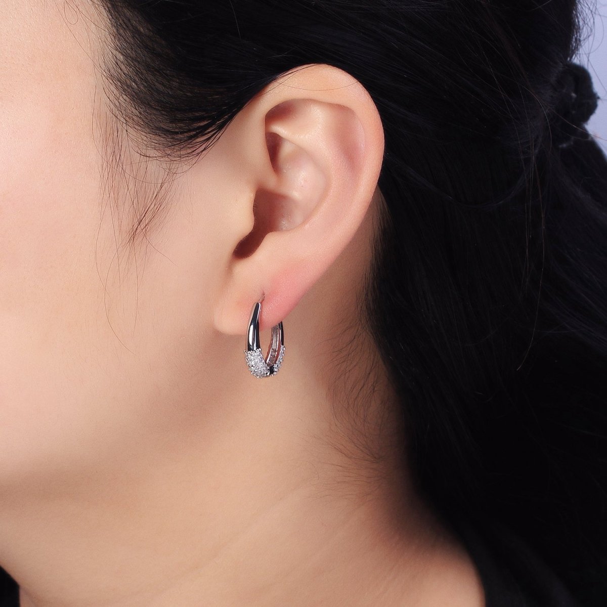 Gold, Silver Double Clear Micro Paved CZ Oblong U-Shaped Hoop Earrings | AB452 AB463