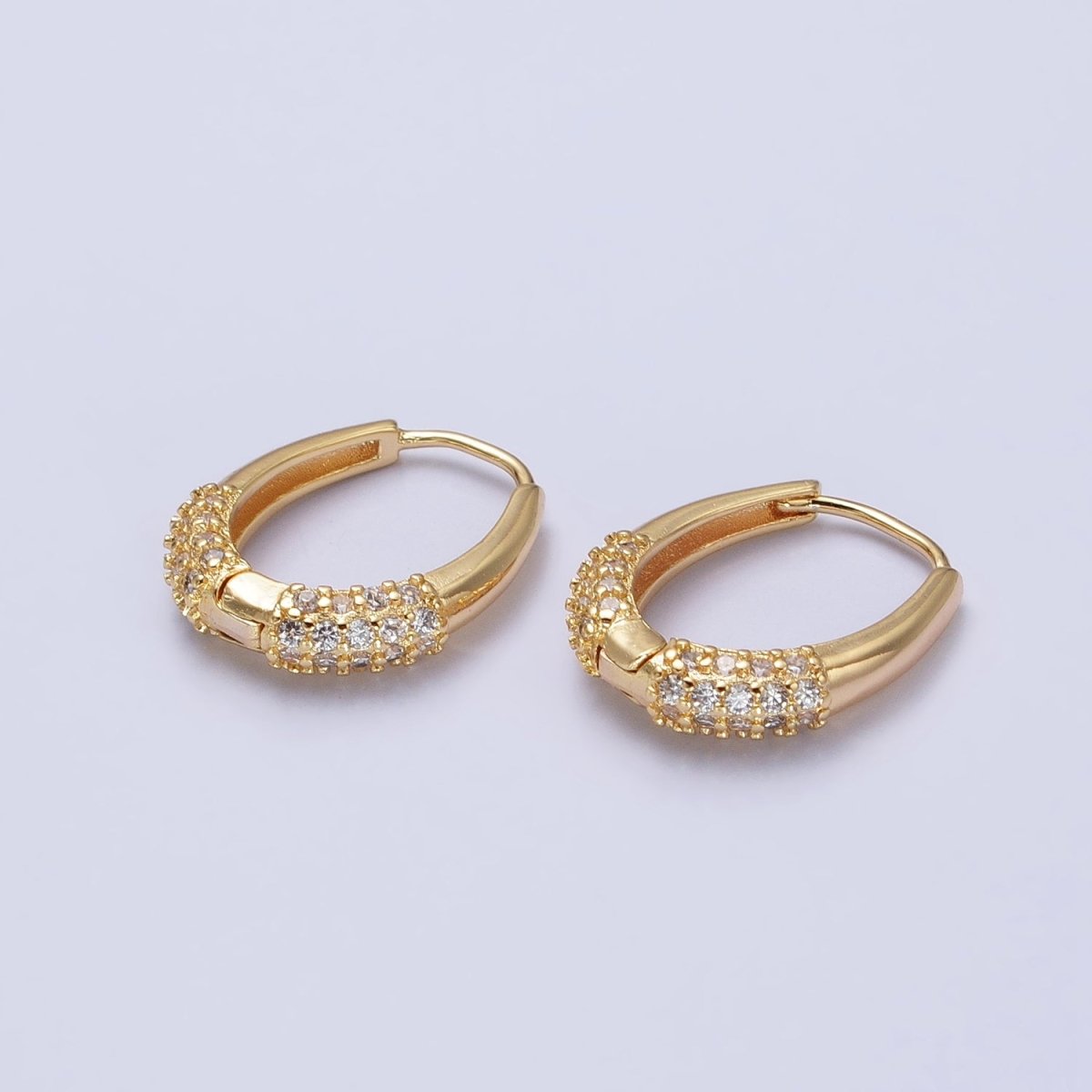 Gold, Silver Double Clear Micro Paved CZ Oblong U-Shaped Hoop Earrings | AB452 AB463