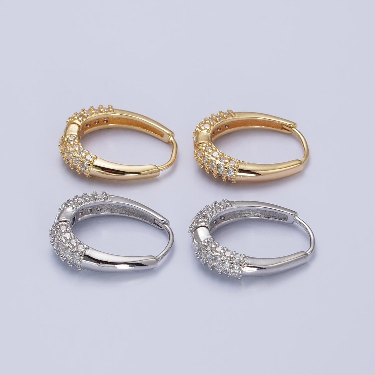 Gold, Silver Double Clear Micro Paved CZ Oblong U-Shaped Hoop Earrings | AB452 AB463