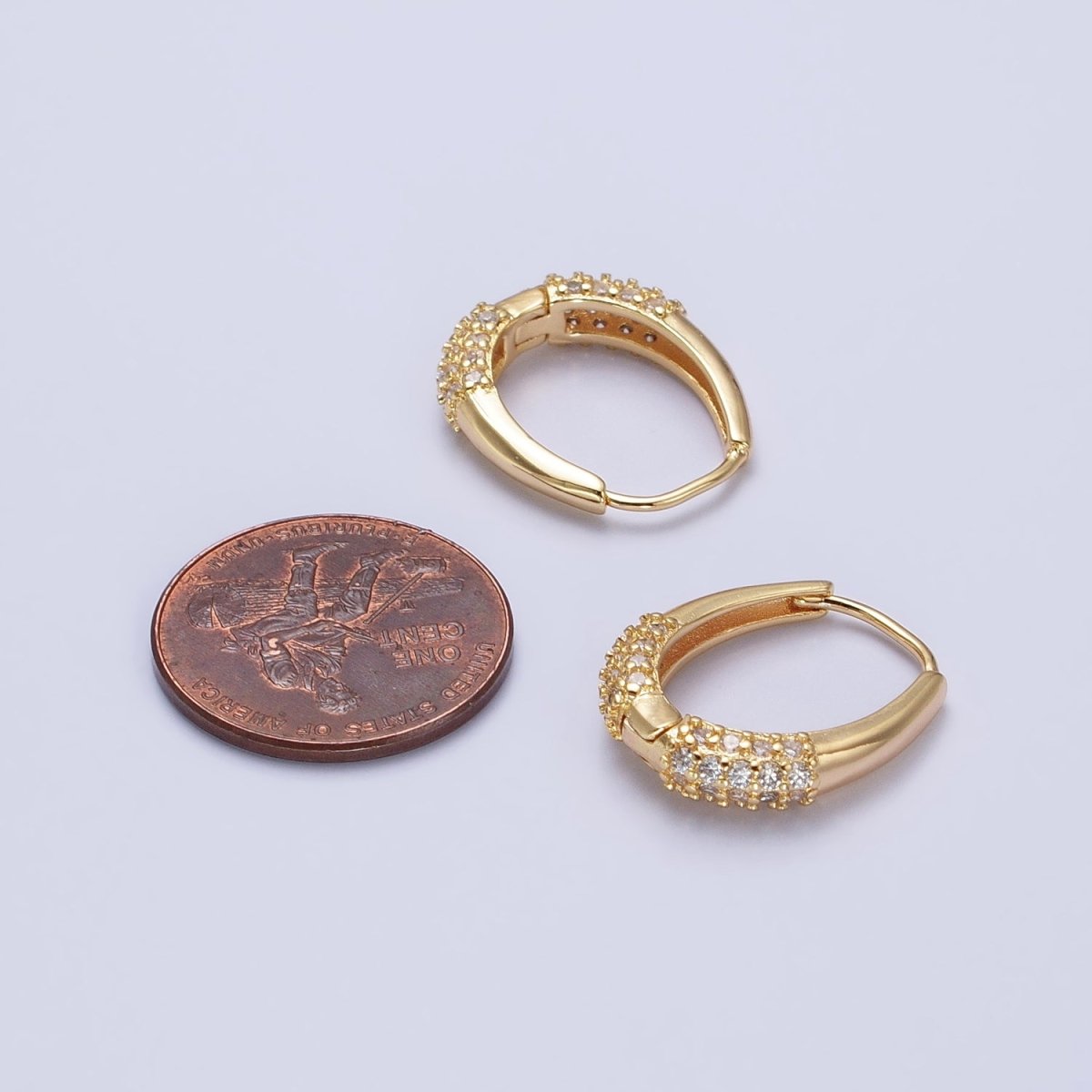 Gold, Silver Double Clear Micro Paved CZ Oblong U-Shaped Hoop Earrings | AB452 AB463