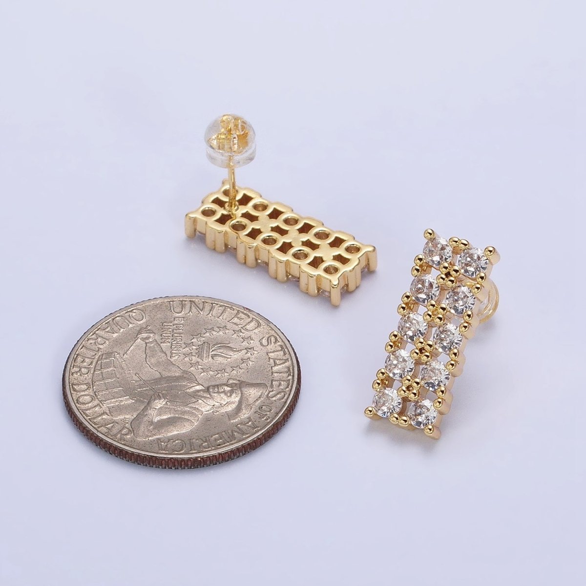 Gold, Silver Double CZ Lined Rectangular Bar Stud Earrings | AB581 AB582