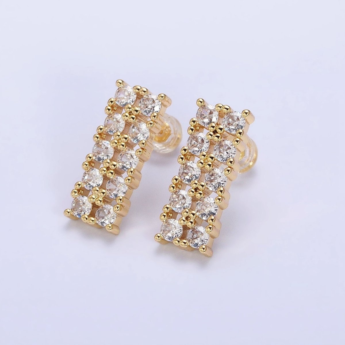 Gold, Silver Double CZ Lined Rectangular Bar Stud Earrings | AB581 AB582