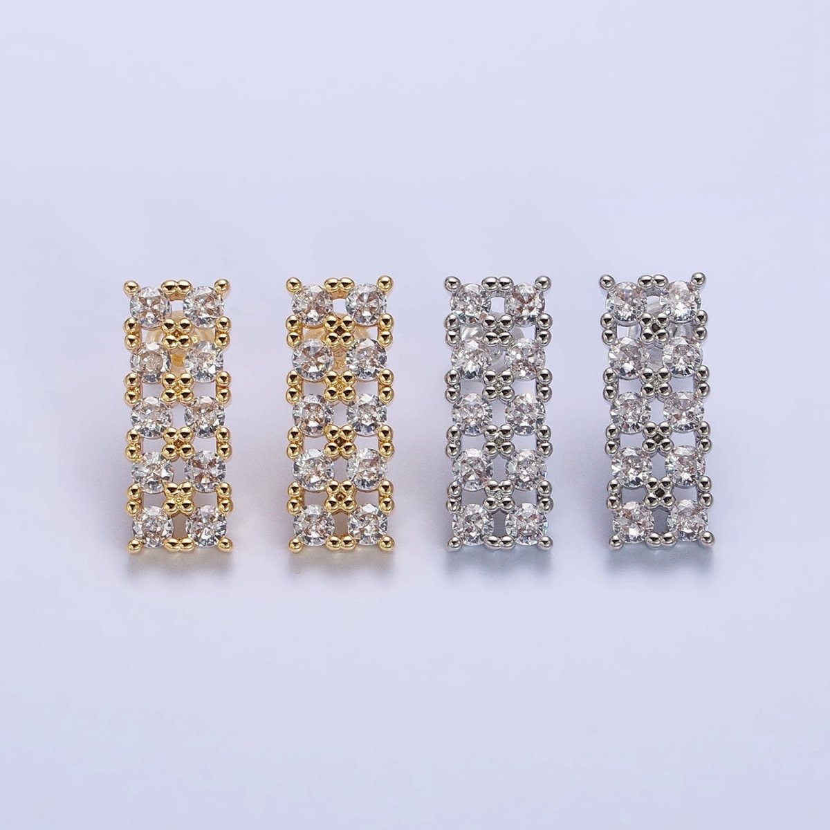 Gold, Silver Double CZ Lined Rectangular Bar Stud Earrings | AB581 AB582