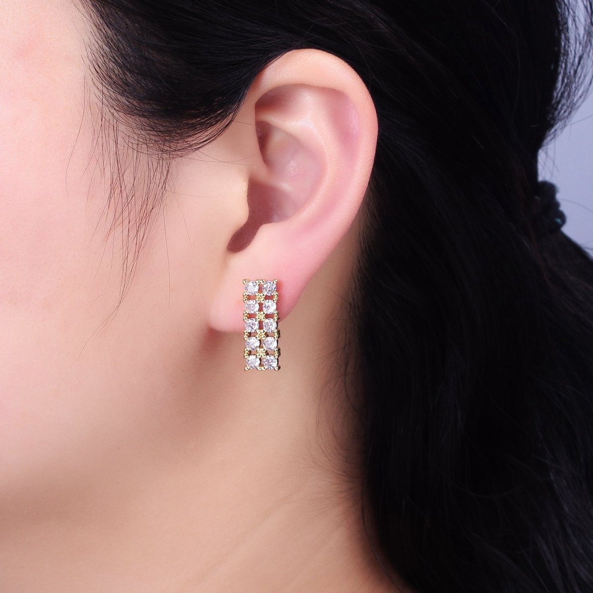 Gold, Silver Double CZ Lined Rectangular Bar Stud Earrings | AB581 AB582