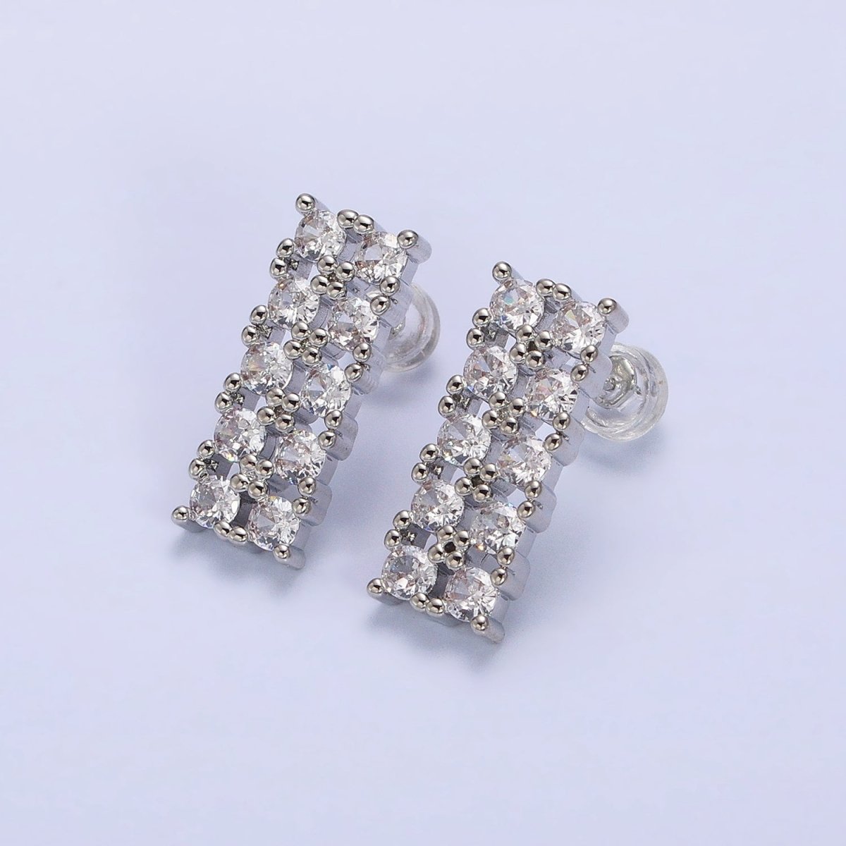 Gold, Silver Double CZ Lined Rectangular Bar Stud Earrings | AB581 AB582