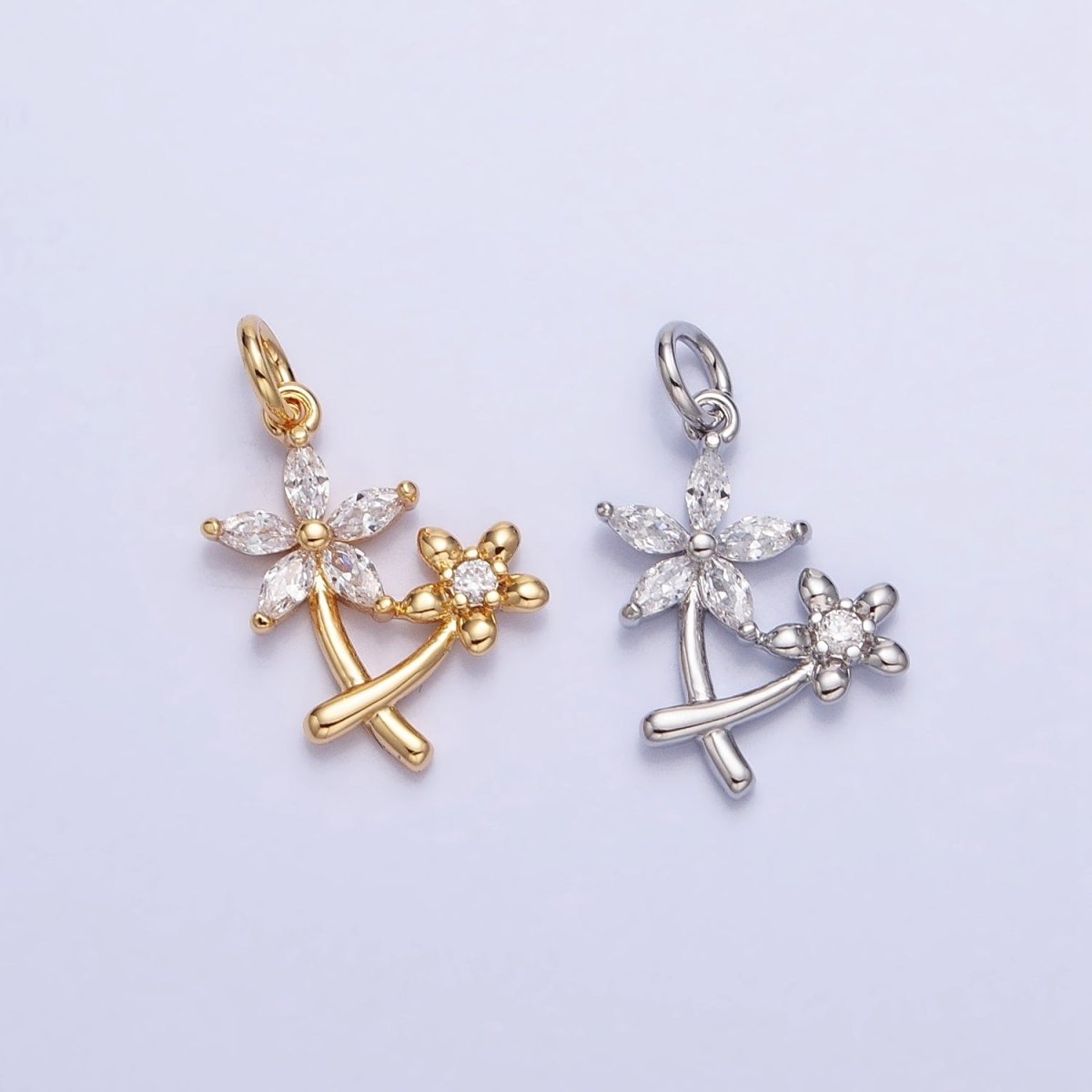 Gold, Silver Double Daisy Flower Marquise CZ Nature Add-On Charm | AC675 AC676