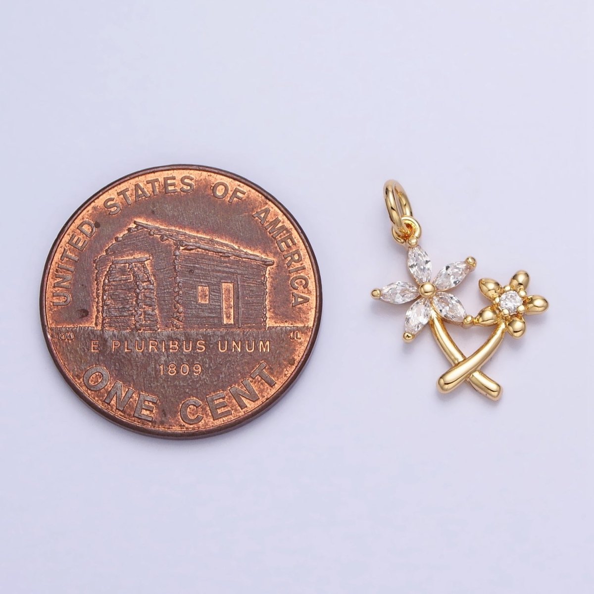 Gold, Silver Double Daisy Flower Marquise CZ Nature Add-On Charm | AC675 AC676