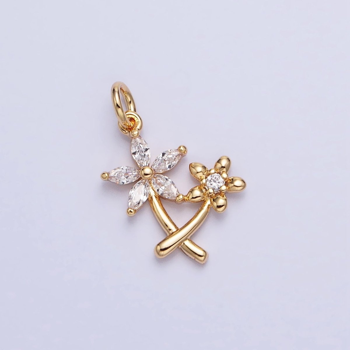 Gold, Silver Double Daisy Flower Marquise CZ Nature Add-On Charm | AC675 AC676