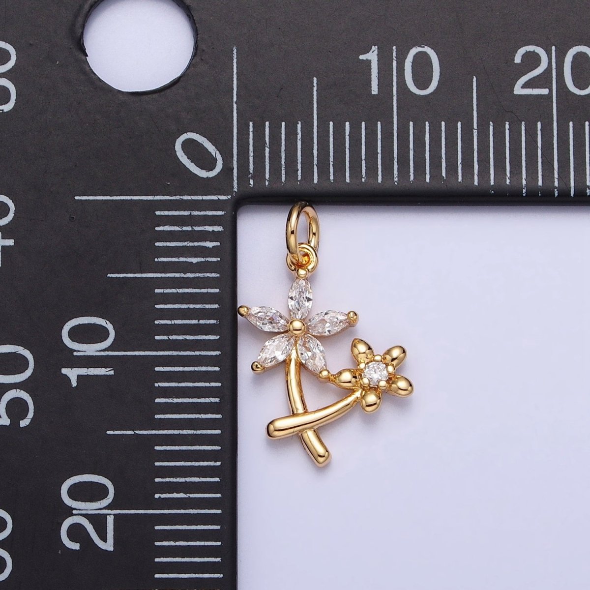 Gold, Silver Double Daisy Flower Marquise CZ Nature Add-On Charm | AC675 AC676