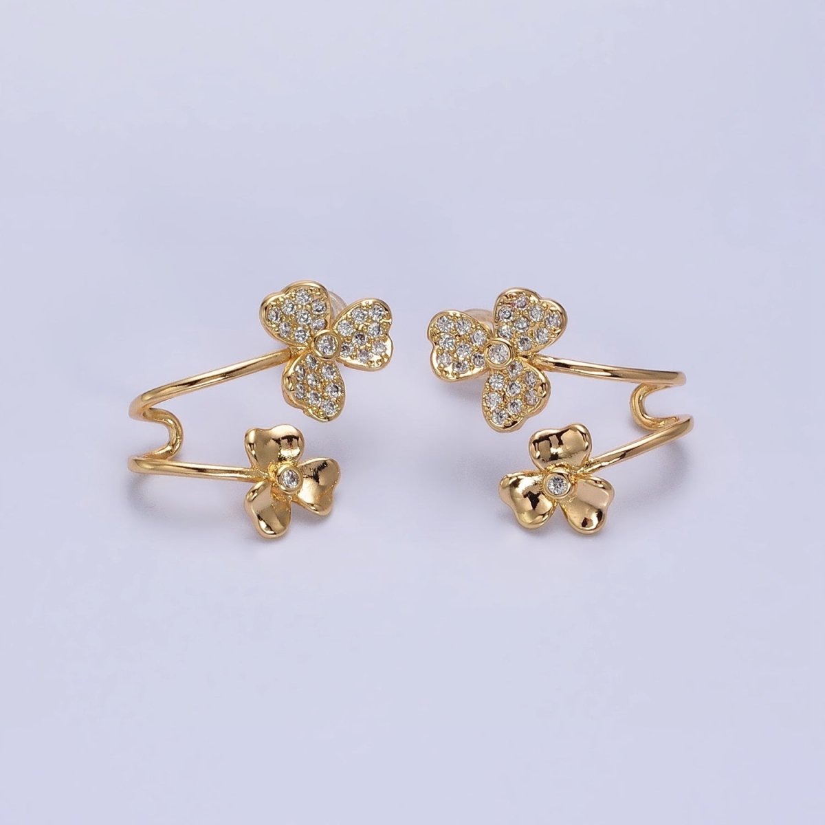 Gold, Silver Double Flower Micro Paved CZ Ear Cuff Stud Earrings | AB574 AB575