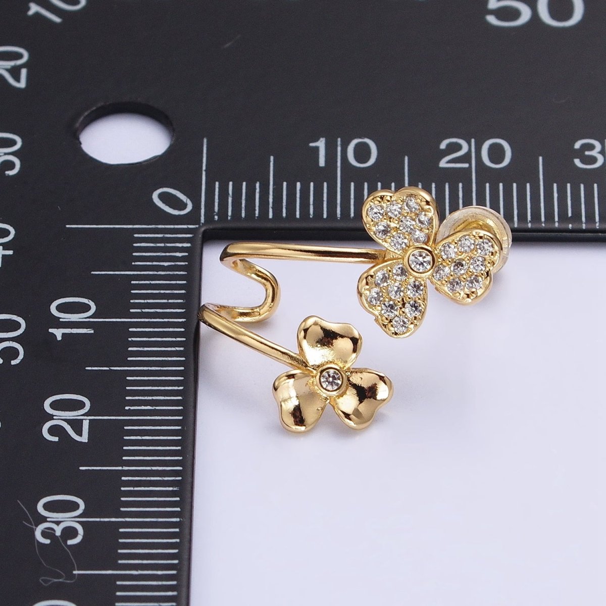 Gold, Silver Double Flower Micro Paved CZ Ear Cuff Stud Earrings | AB574 AB575