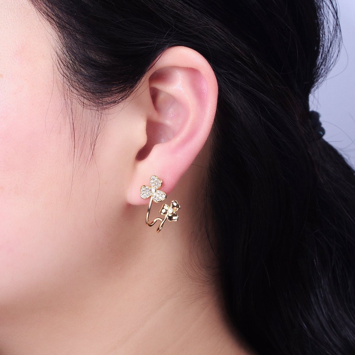 Gold, Silver Double Flower Micro Paved CZ Ear Cuff Stud Earrings | AB574 AB575