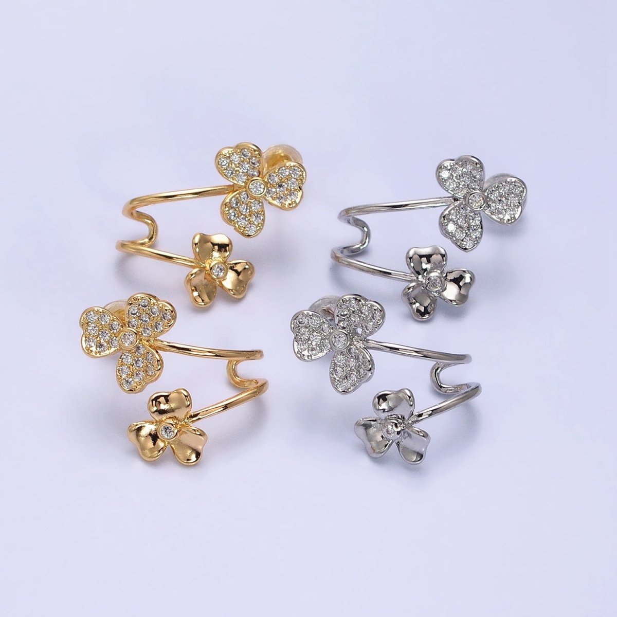 Gold, Silver Double Flower Micro Paved CZ Ear Cuff Stud Earrings | AB574 AB575