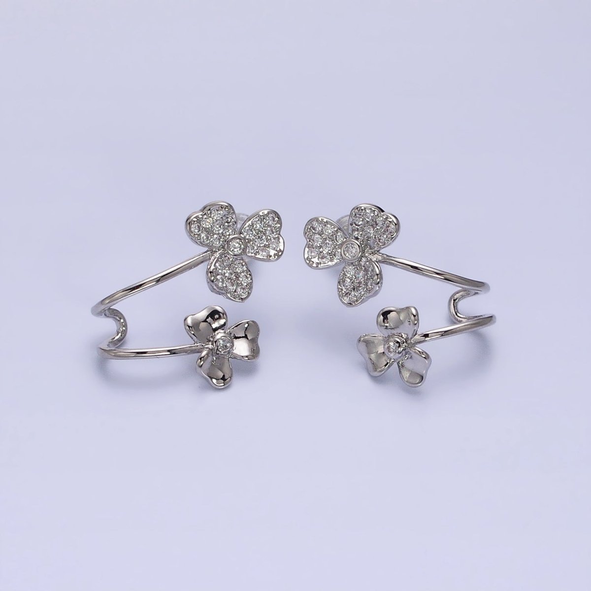 Gold, Silver Double Flower Micro Paved CZ Ear Cuff Stud Earrings | AB574 AB575
