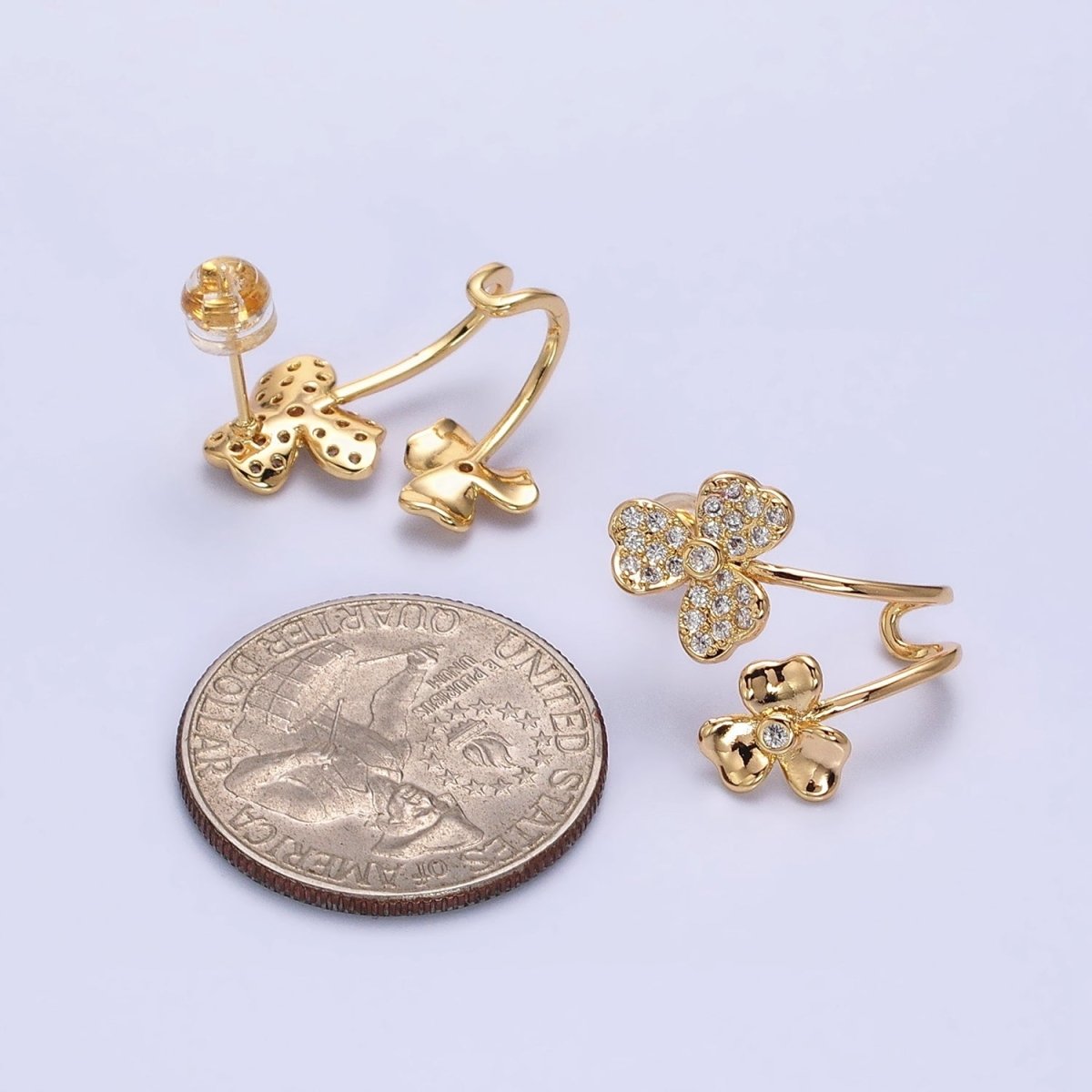 Gold, Silver Double Flower Micro Paved CZ Ear Cuff Stud Earrings | AB574 AB575