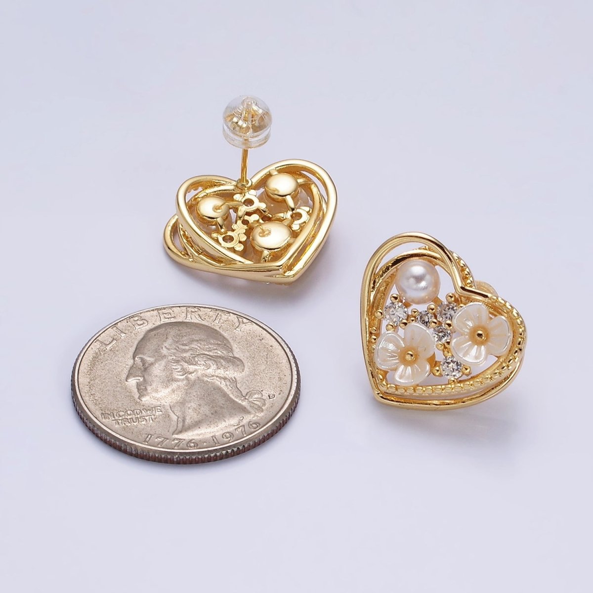 Gold, Silver Double Flower Pearl CZ Framed Hearts Stud Earrings | AD1052 AD1053