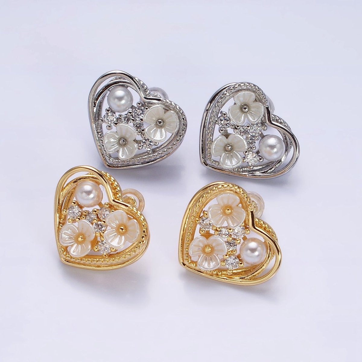 Gold, Silver Double Flower Pearl CZ Framed Hearts Stud Earrings | AD1052 AD1053