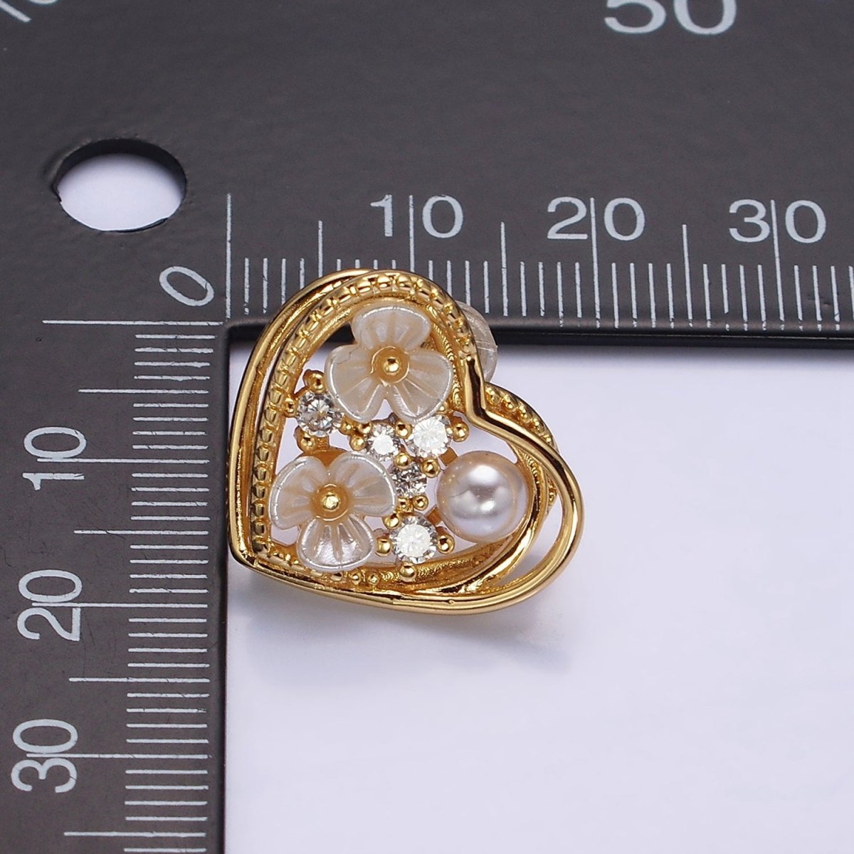 Gold, Silver Double Flower Pearl CZ Framed Hearts Stud Earrings | AD1052 AD1053