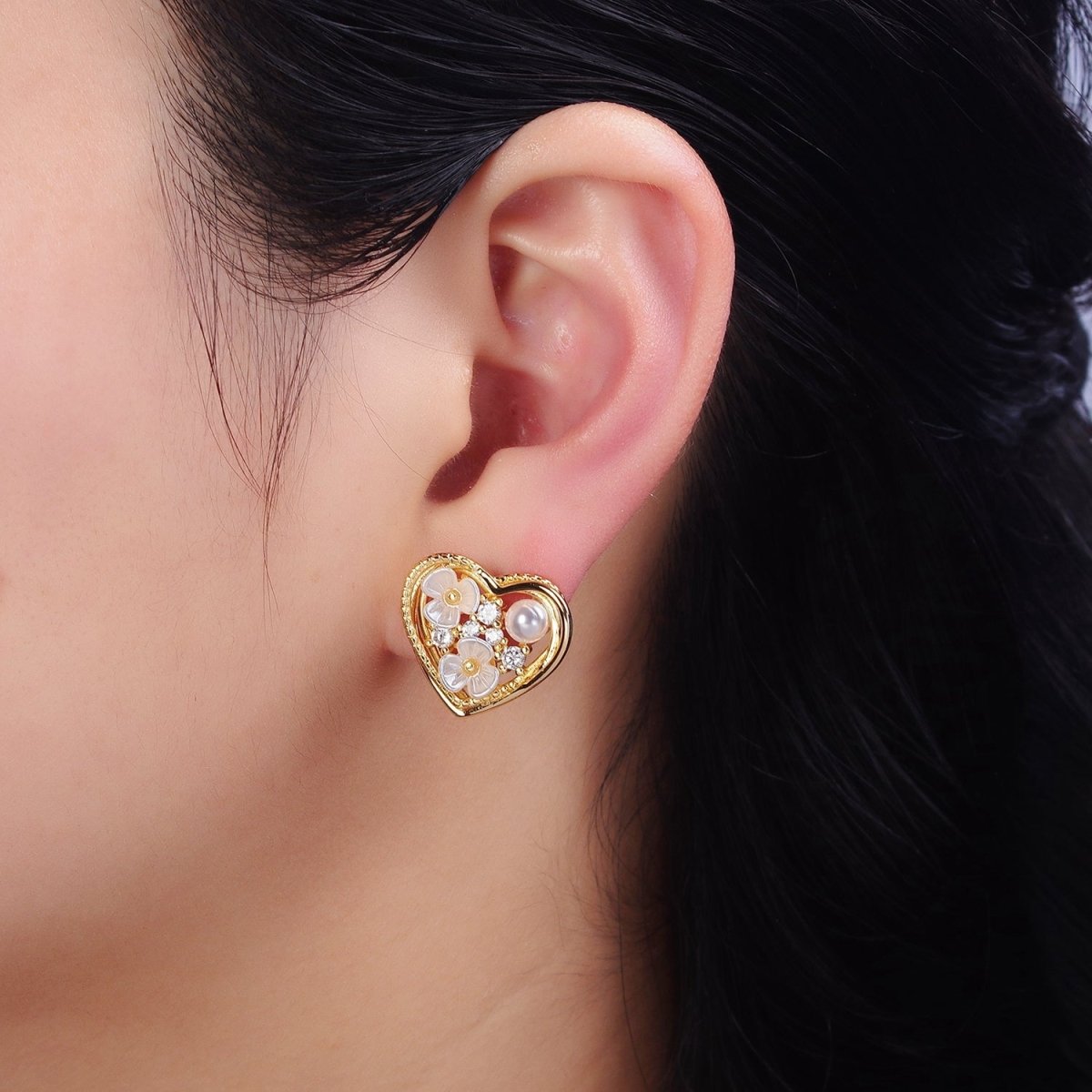 Gold, Silver Double Flower Pearl CZ Framed Hearts Stud Earrings | AD1052 AD1053