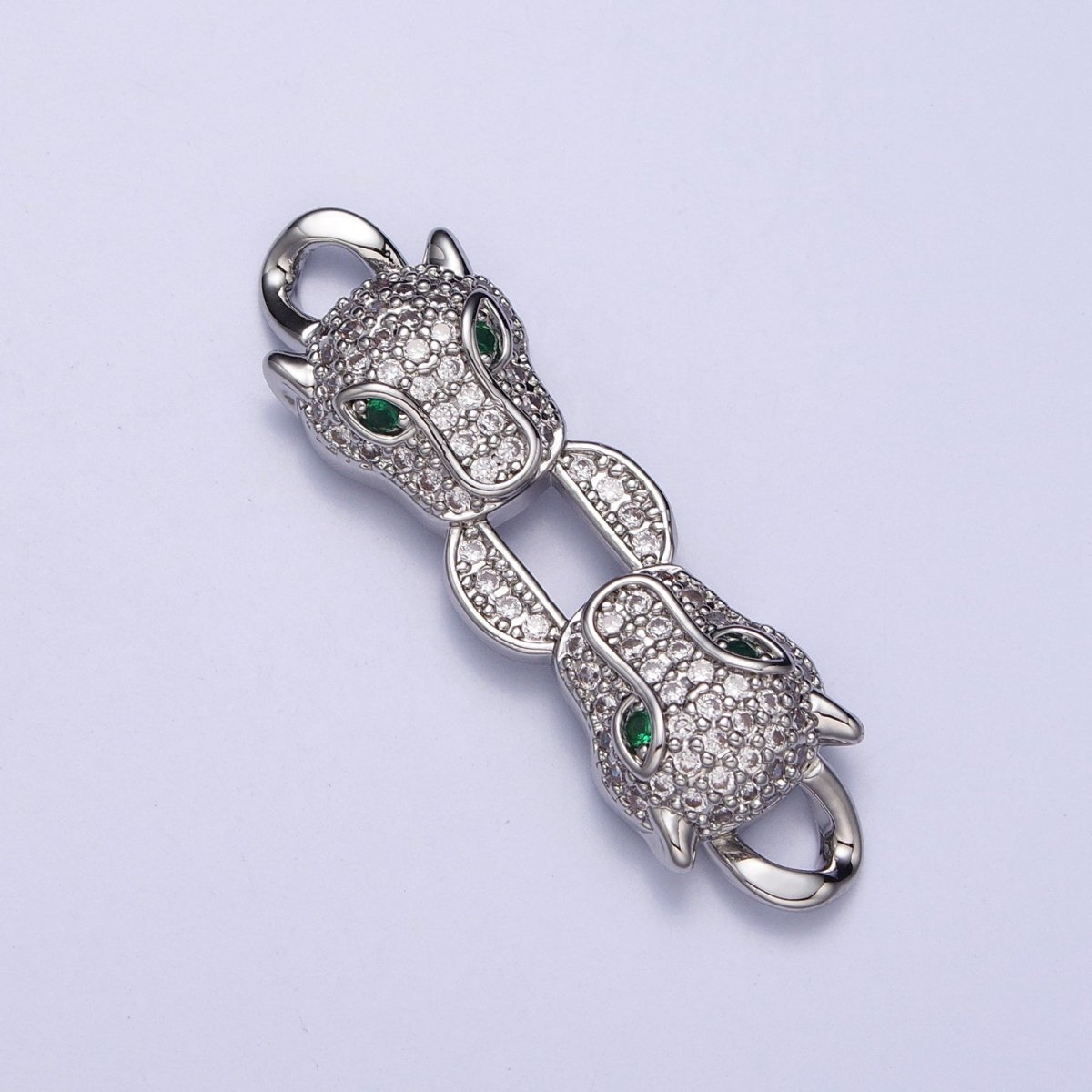 Gold, Silver Double Green-Eyed Panther Leopard Head Micro Paved CZ Curb Link Connector | Y-871