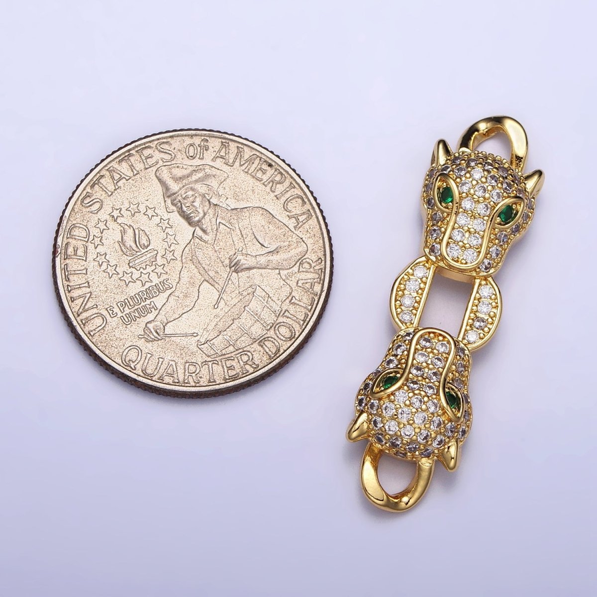 Gold, Silver Double Green-Eyed Panther Leopard Head Micro Paved CZ Curb Link Connector | Y-871