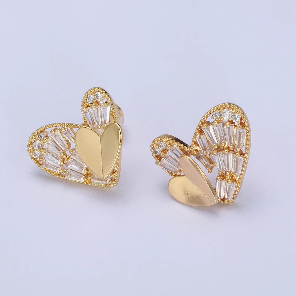 Gold, Silver Double Heart Clear Baguette CZ Stud Earrings | AB481 AB490