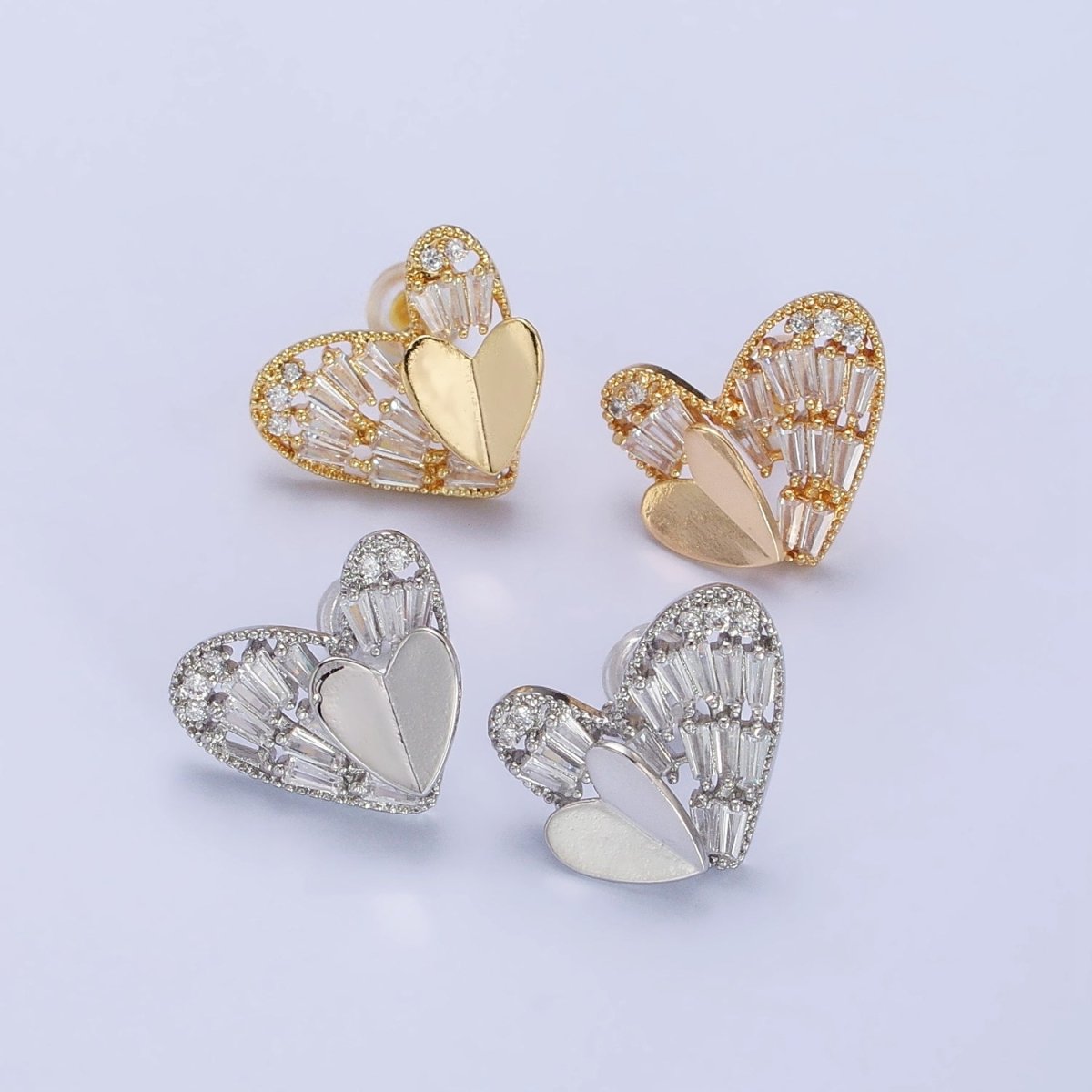 Gold, Silver Double Heart Clear Baguette CZ Stud Earrings | AB481 AB490