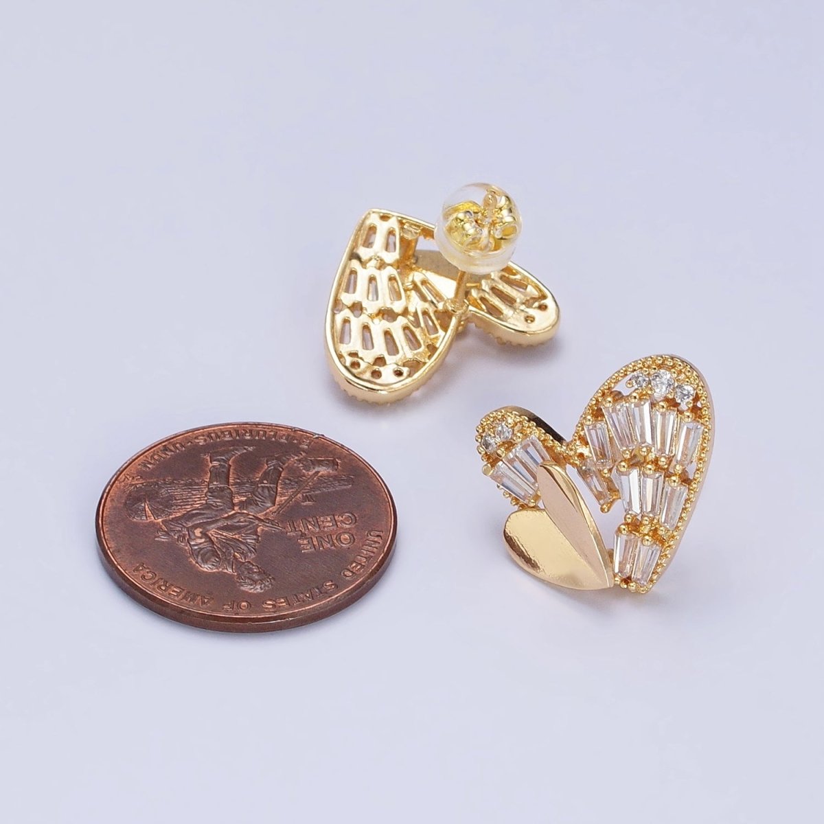 Gold, Silver Double Heart Clear Baguette CZ Stud Earrings | AB481 AB490