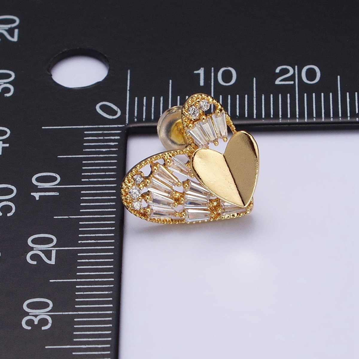 Gold, Silver Double Heart Clear Baguette CZ Stud Earrings | AB481 AB490