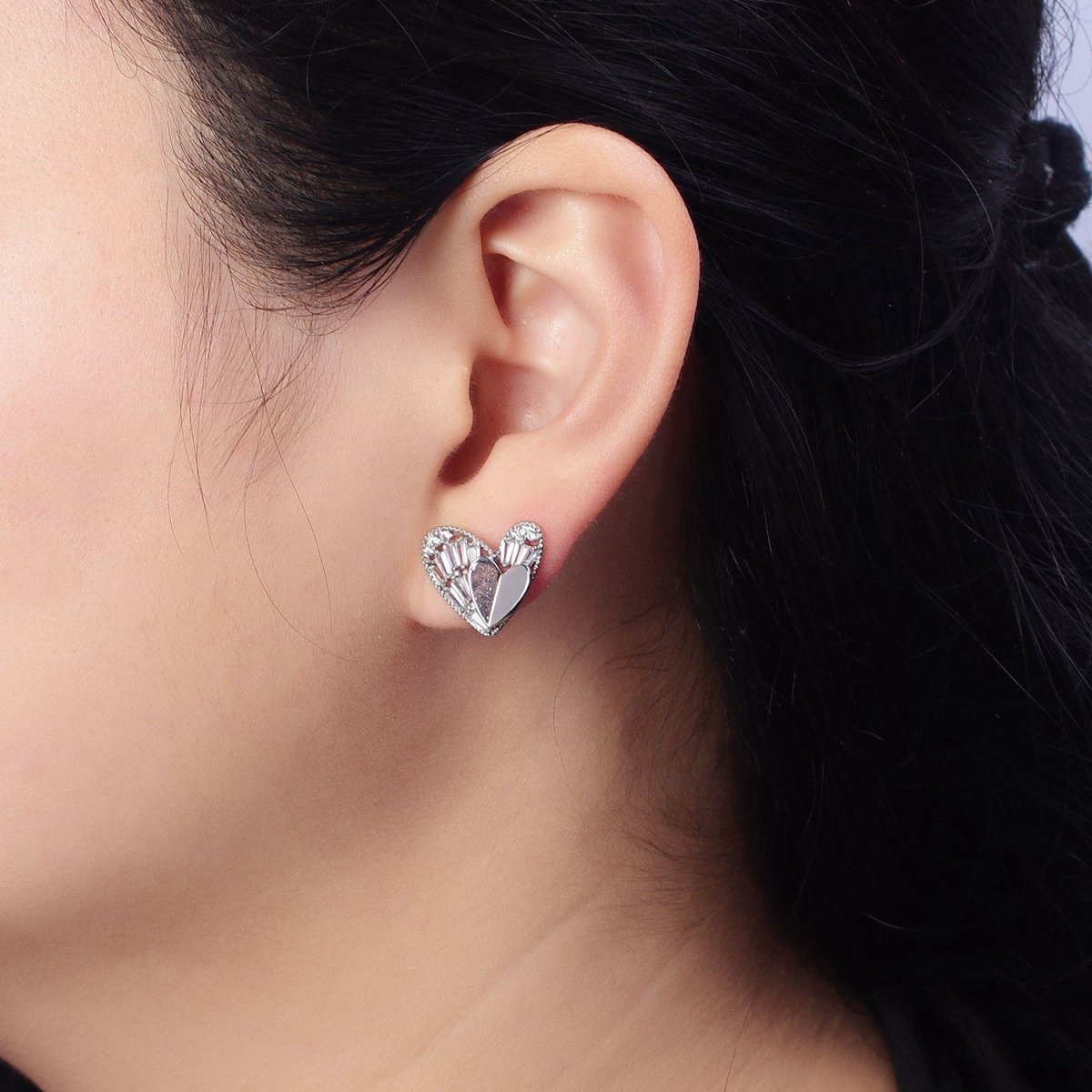 Gold, Silver Double Heart Clear Baguette CZ Stud Earrings | AB481 AB490