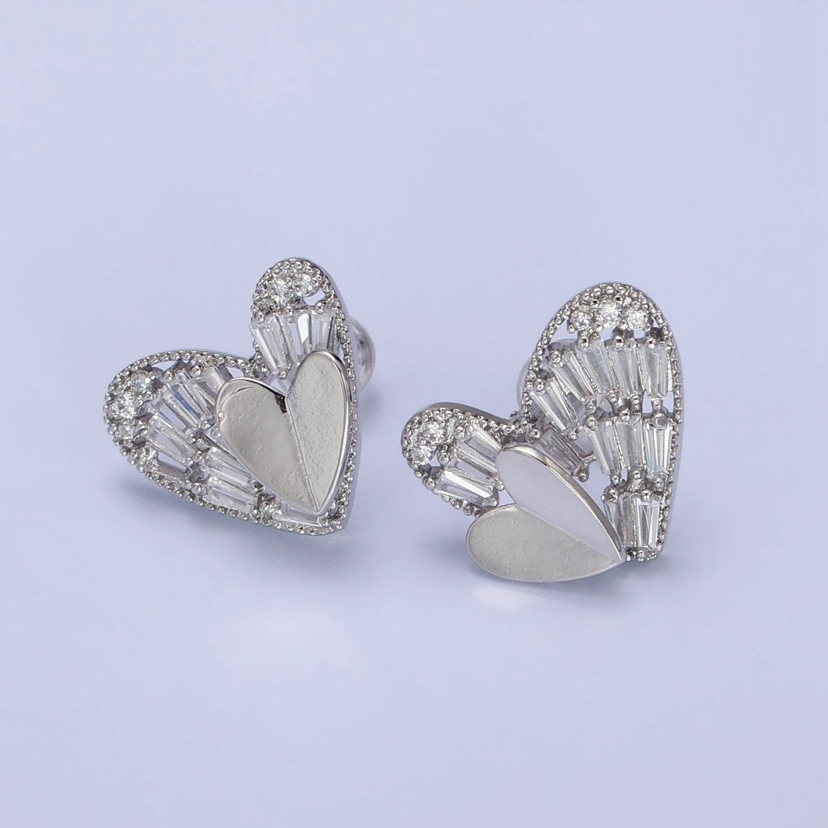 Gold, Silver Double Heart Clear Baguette CZ Stud Earrings | AB481 AB490