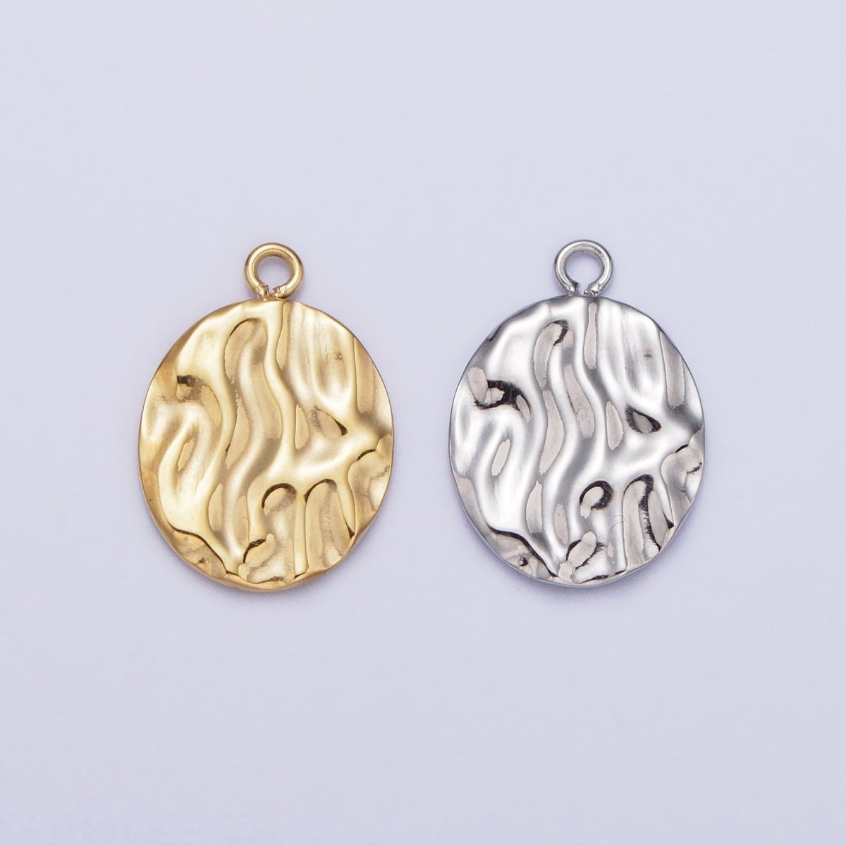 Gold, Silver Double Sided Oval Hammered Charm in Gold & Silver | P-890
